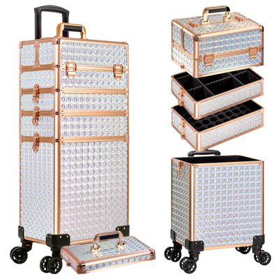 AROUS 5 in 1 Rolling Makeup Train Case Cosmetology Case on Wheels Large Cosmetic Organizer Travel Cart for Hairstylist Artist Nail Beauty Salon Barber,White