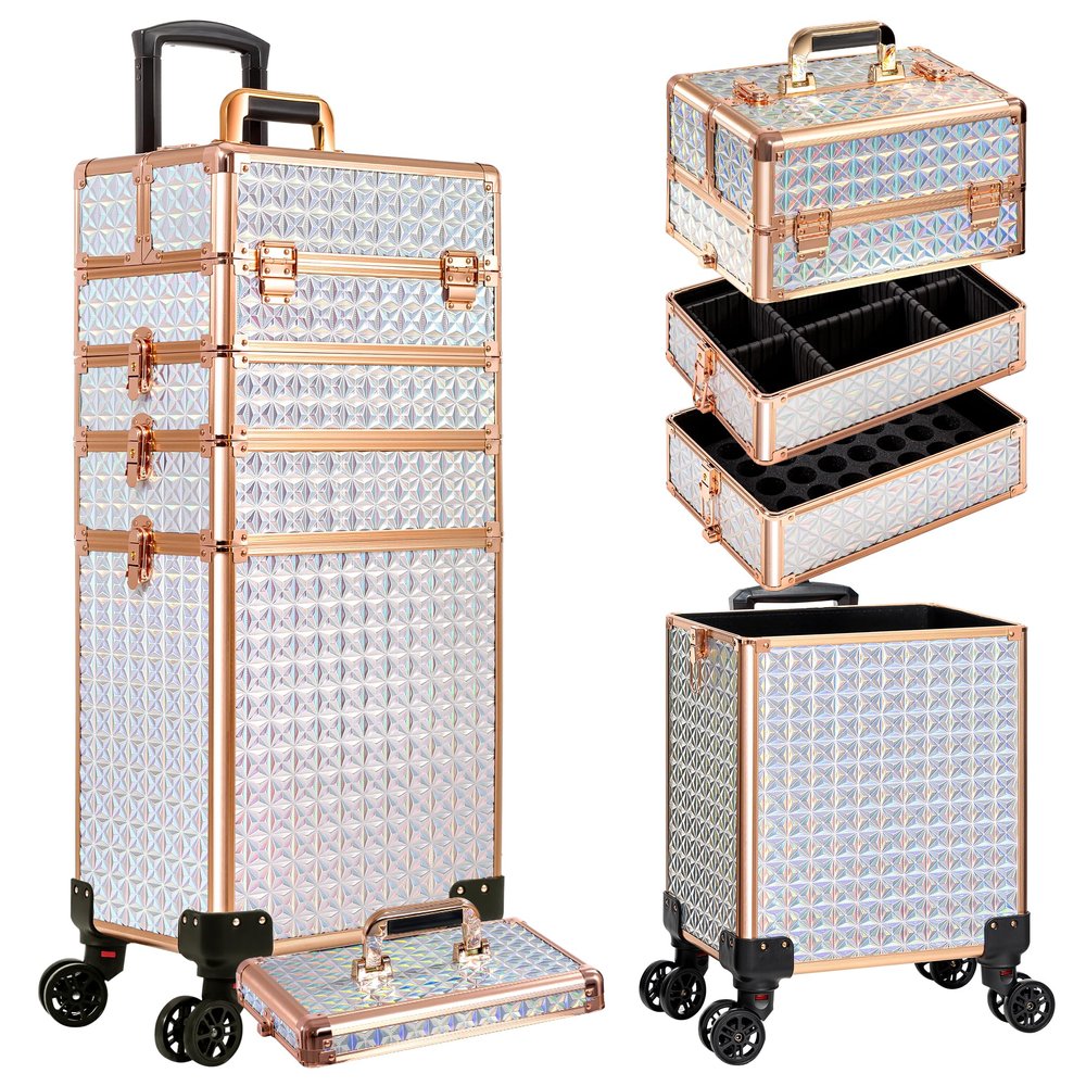 AROUS 5 in 1 Rolling Makeup Train Case Cosmetology Case on Wheels Large Cosmetic Organizer Travel Cart for Hairstylist Artist Nail Beauty Salon Barber,White