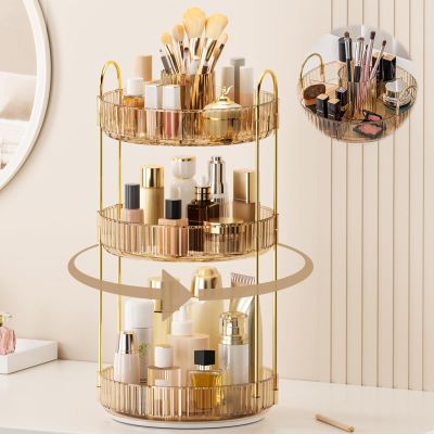 360 Rotating Makeup Organizer, Upgraded 3 Tier Skincare Perfume Organizers for Women, Bathroom Organizer Countertop, Clear Cosmetic Dresser Organizer with Makeup Brush Holder, Sink&Counter(Amber)