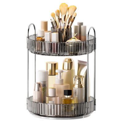 360 Rotating Makeup Organizer, Upgraded 2 Tier Skincare Perfume Organizers for Women, Bathroom Organizer Countertop, Clear Cosmetic Dresser Organizer with Makeup Brush Holder, Sink&Counter(Grey)