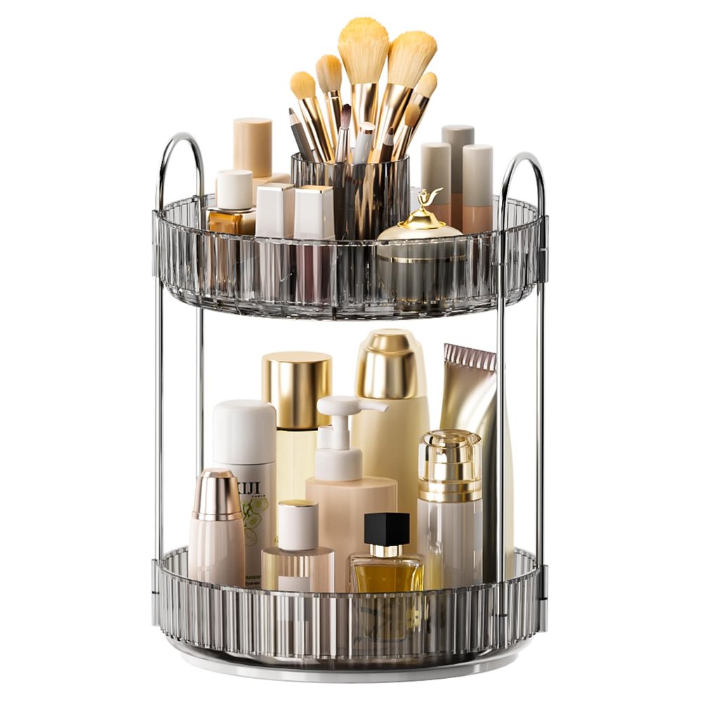 360 Rotating Makeup Organizer, Upgraded 2 Tier Skincare Perfume Organizers for Women, Bathroom Organizer Countertop, Clear Cosmetic Dresser Organizer with Makeup Brush Holder, Sink&Counter(Grey)