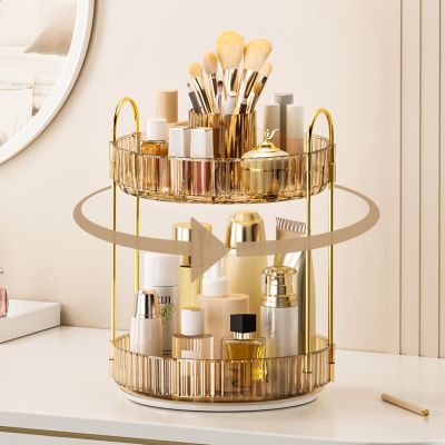 360 Rotating Makeup Organizer, Upgraded 2 Tier Skincare Perfume Organizers for Women, Bathroom Organizer Countertop, Clear Cosmetic Dresser Organizer with Makeup Brush Holder, Sink&Counter(Amber)
