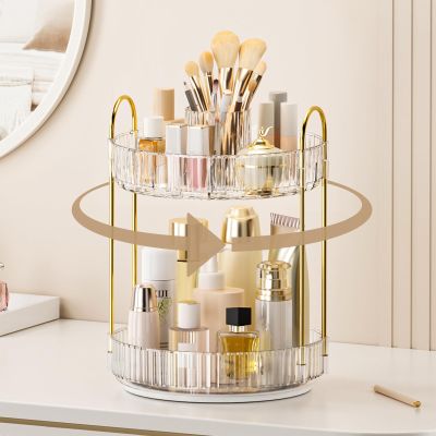 360 Rotating Makeup Organizer, Upgraded 2 Tier Skincare Perfume Organizers for Women, Bathroom Organizer Countertop, Clear Cosmetic Dresser Organizer with Makeup Brush Holder, Sink&Counte (Clear)