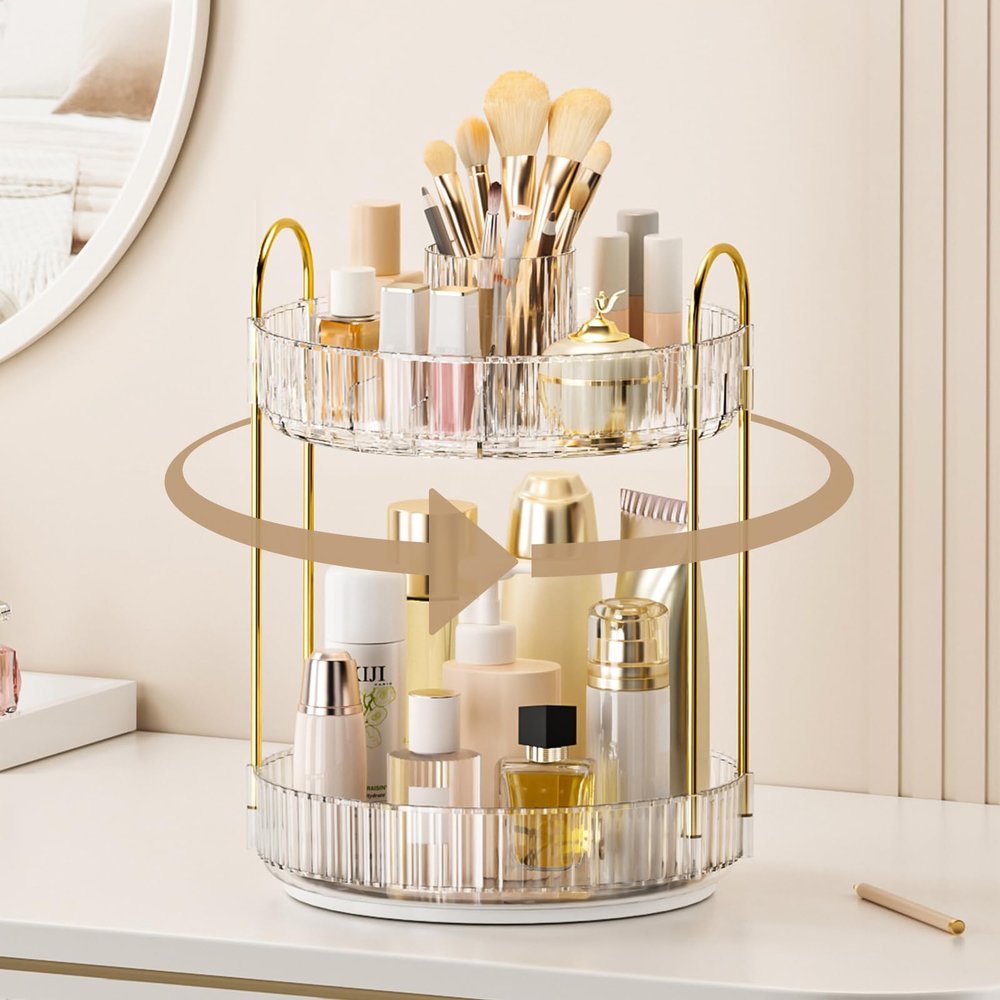 360 Rotating Makeup Organizer, Upgraded 2 Tier Skincare Perfume Organizers for Women, Bathroom Organizer Countertop, Clear Cosmetic Dresser Organizer with Makeup Brush Holder, Sink&Counte (Clear)