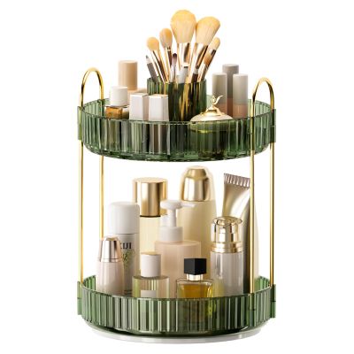 360 Rotating Makeup Organizer, Upgraded 2 Tier Skincare Perfume Organizers for Women, Bathroom Organizer Countertop, Clear Cosmetic Dresser Organizer with Makeup Brush Holder, Sink&Counter (Green)