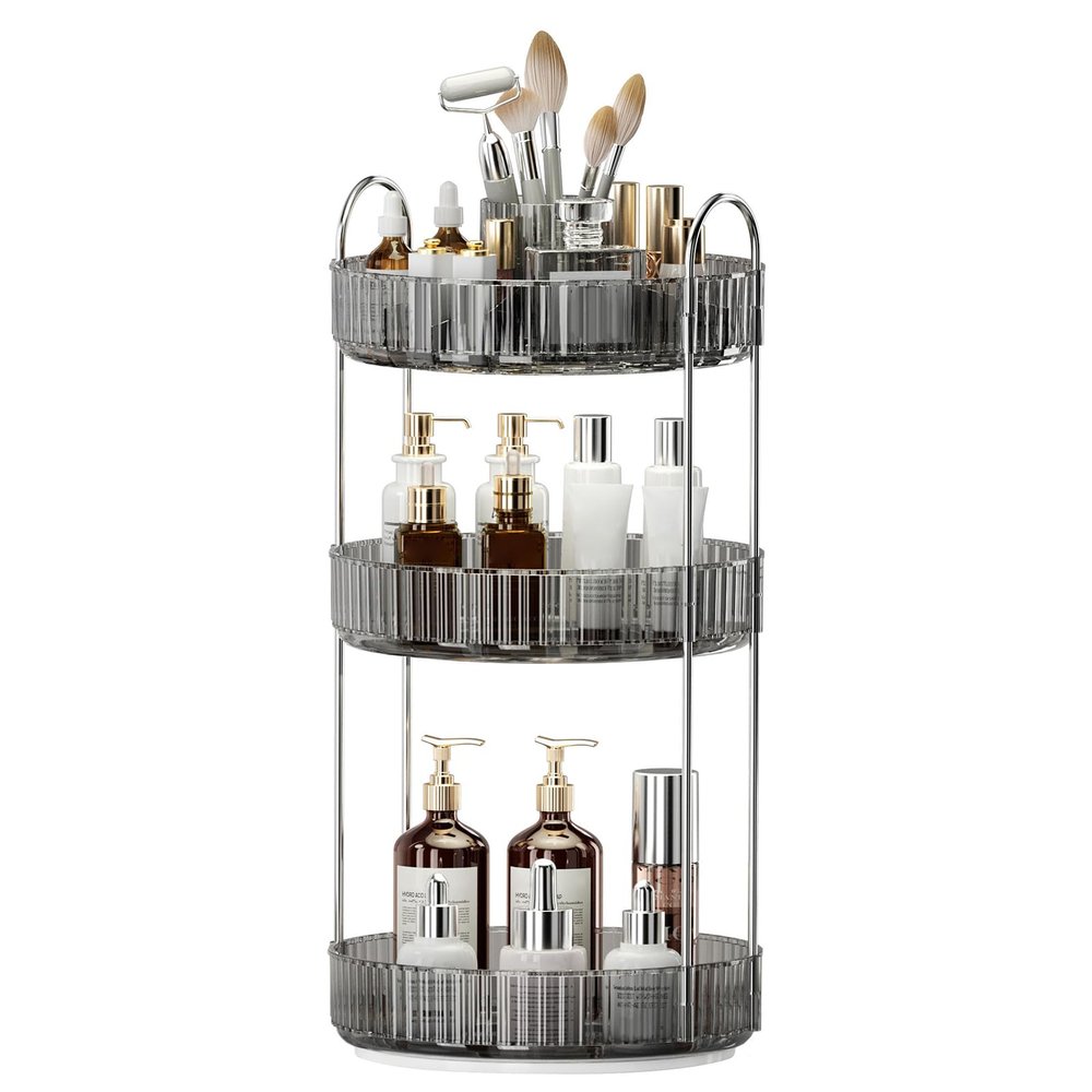 360 Rotating Makeup Organizer, Upgraded 3 Tier Skincare Perfume Organizers for Women, Bathroom Organizer Countertop, Clear Cosmetic Dresser Organizer with Makeup Brush Holder, Sink&Counter(Grey)
