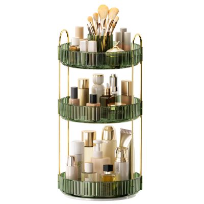 360 Rotating Makeup Organizer, Upgraded 3 Tier Skincare Perfume Organizers for Women, Bathroom Organizer Countertop, Clear Cosmetic Dresser Organizer with Makeup Brush Holder, Sink&Counter (Green)
