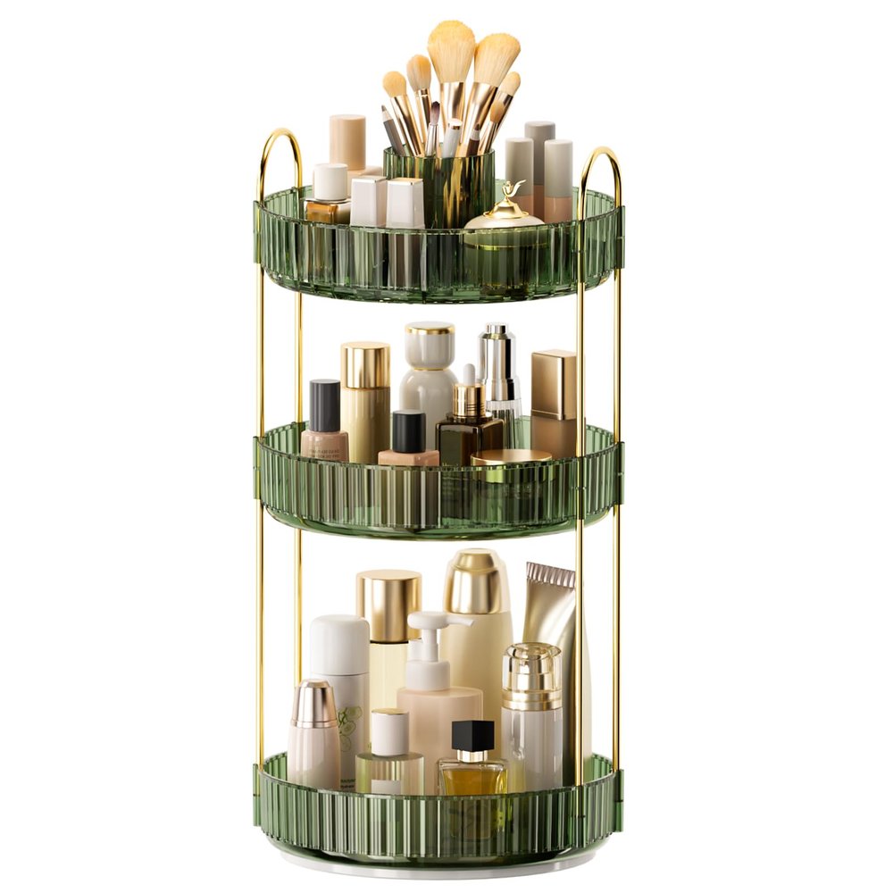 360 Rotating Makeup Organizer, Upgraded 3 Tier Skincare Perfume Organizers for Women, Bathroom Organizer Countertop, Clear Cosmetic Dresser Organizer with Makeup Brush Holder, Sink&Counter (Green)