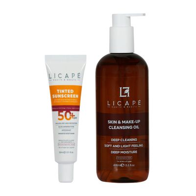 LICAPE Skincare Duo SPF 50 Tinted Sunscreen for Face with Natural Coverage & Dual-Phase Makeup Remover Oil 400ml with Niacinamide, Chamomile & Horse Chestnut