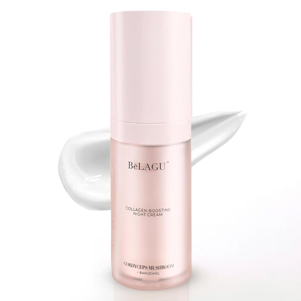 BeLagu Collagen Boosting Night Cream with Bakuchiol & Adaptogenic Mushrooms - Natural Retinol Alternative Moisturizer for Firming, Smoothing & Stress Defense - Vegan Skincare Face Cream (1 fl oz)