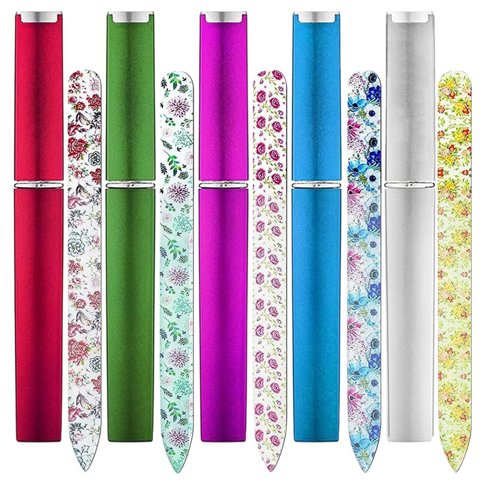 5Pcs Glass Nails File with Case Crystals Nails File Buffer Glass Fingernail Files Cuticles Pusher Manicure Set for Women