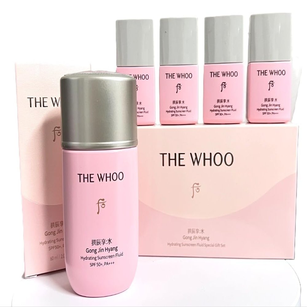 THE WHOO Hydrating Sunscreen Fluid, UV Protective Lotion SPF 50+/PA++++ Special Set 60ml+ Travel Kit 4ea x 13ml. Cooling-Anti-Aging-Moisturizing formula. Made in Korea