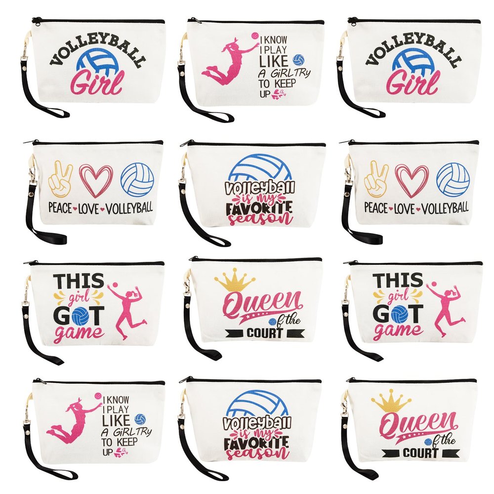 12 Pcs Volleyball Makeup Bag Gifts for Team, Volleyball Gifts for Teen Girls with Canvas Makeup Bags, Inspirational Volleyball Gifts for Team to Store Cosmetics and Various Objects (8.3 x 5.1 Inches)