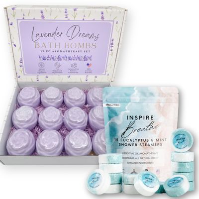 EvolutionUSA Lavender Bath Bombs for Women and Inspire Breathe Shower Steamers, Shower & Bath Gift Set for Women, Beautiful Lavender Bath Bombs Natural, Shower Bombs Eucalyptus & Mint