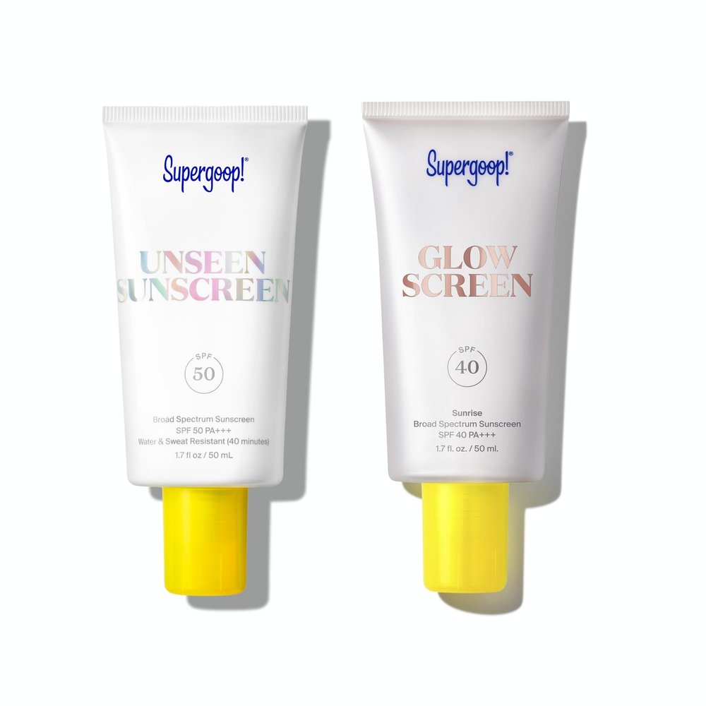 Supergoop! Unseen Sunscreen SPF 50 Invisible Sun Protection for Face (1.7 fl oz) + Glowscreen SPF 40, Sunrise (1.7 fl oz)
