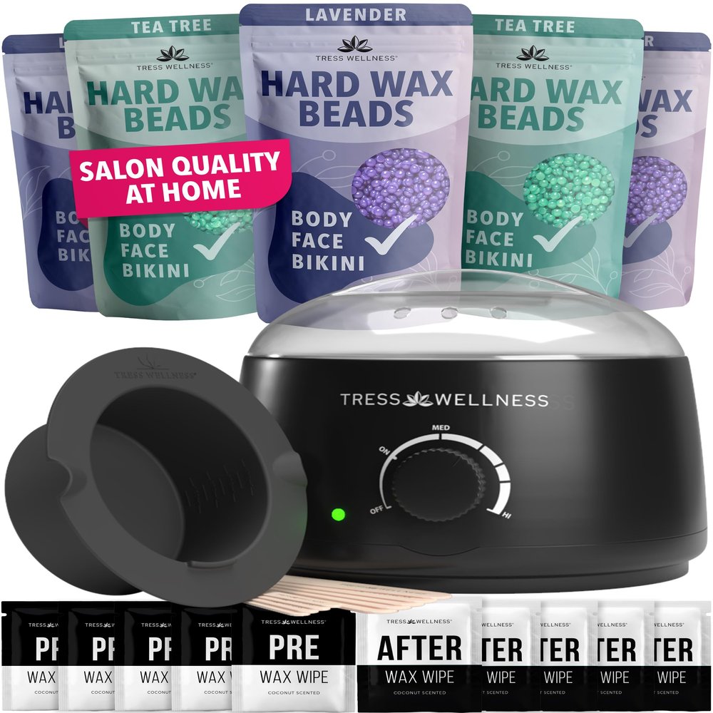 Tress Wellness Waxing Kit for Sensitive Skin Safe for Face & Skin, Prep & Aftercare Wipes, Easy to Use At-Home Kit for Face, Bikini, Brazilian & Full Body - Black, No Display