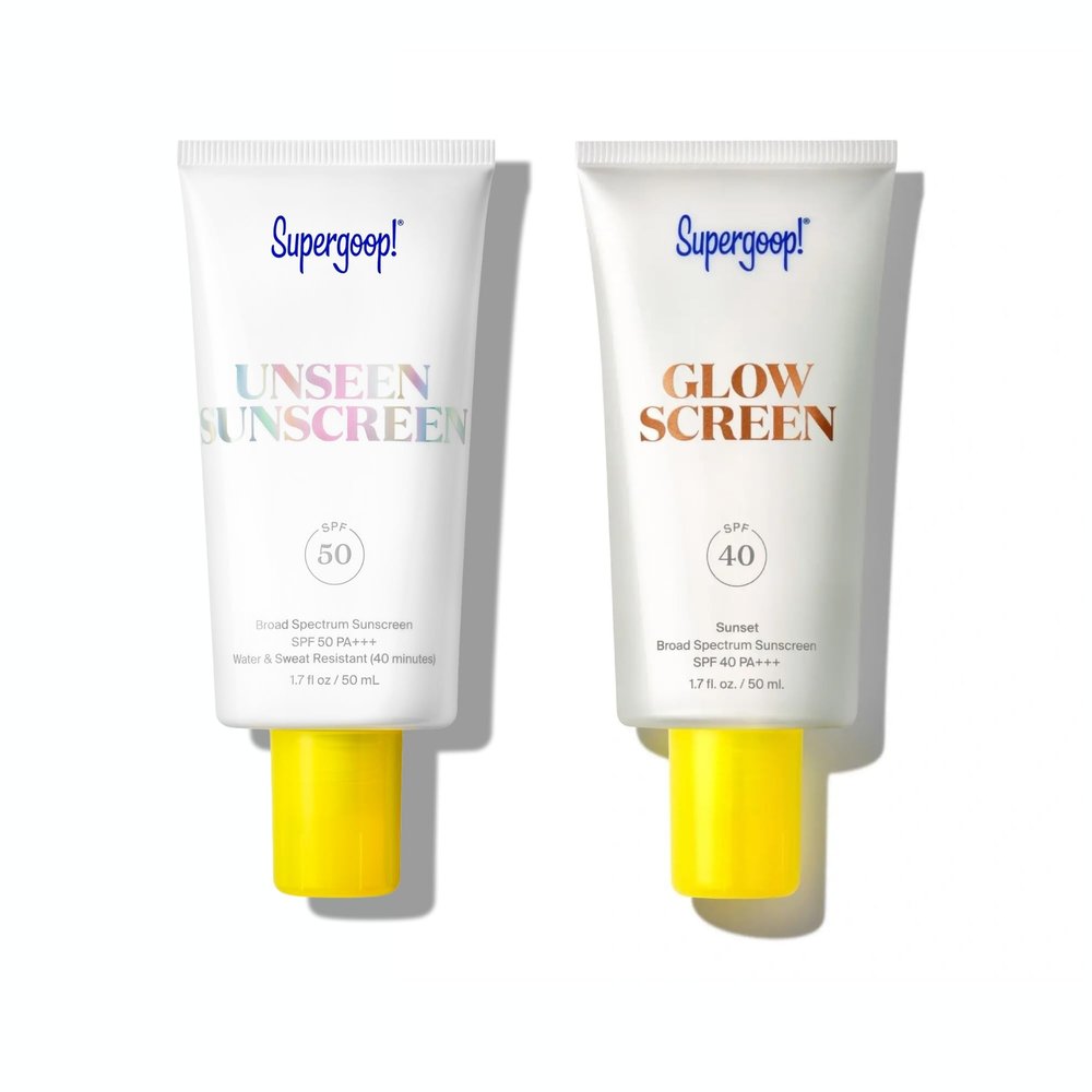 Supergoop! Unseen Sunscreen SPF 50 Invisible Sun Protection for Face (1.7 fl oz) + Glowscreen SPF 40, Sunset (1.7 fl oz)