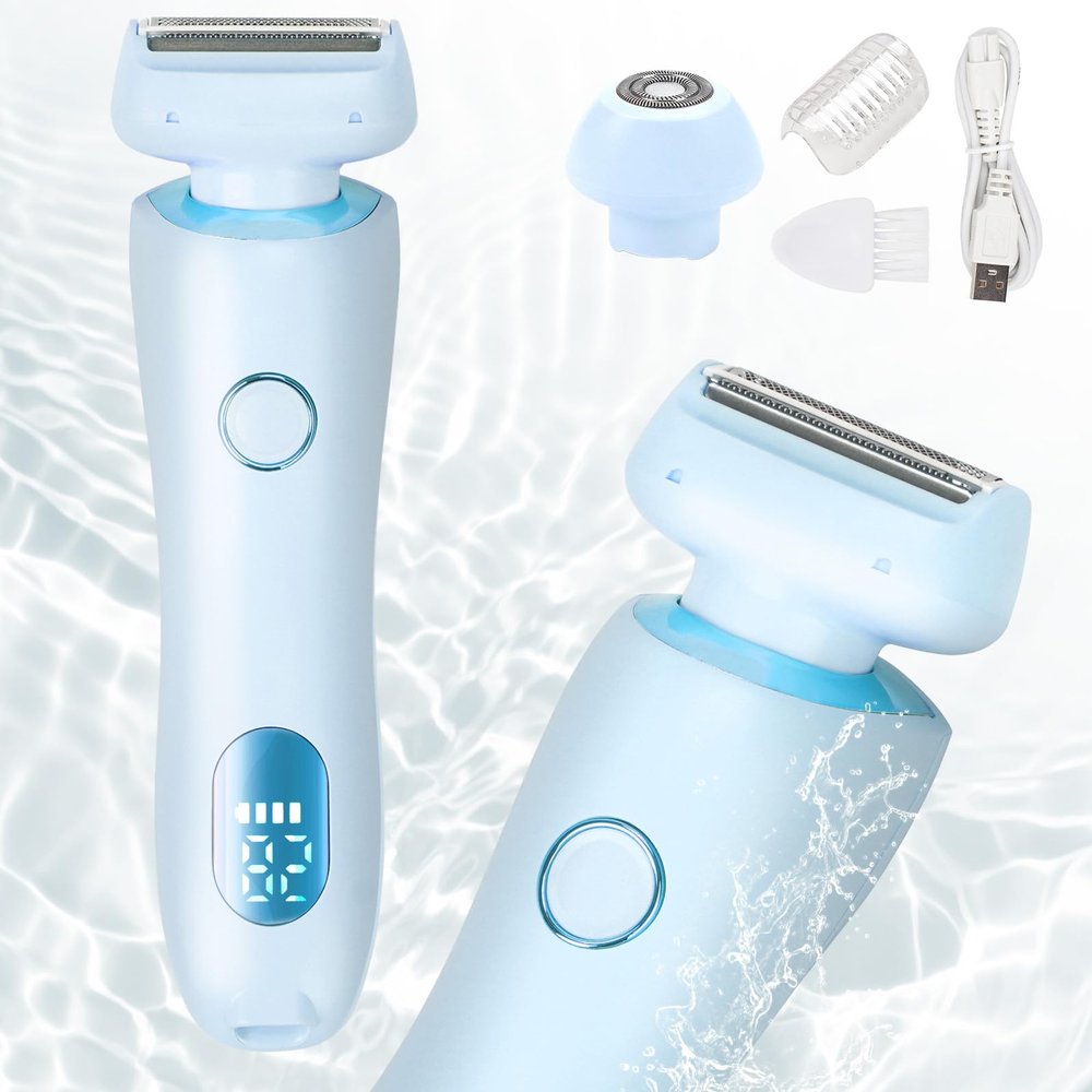 Bikini Trimmer for Women Electric Razors, Electric Razor 2 in 1 Shaver Pubic Hair, LED Display with IPX7 Waterproof - Rechargeable Lady Trimmer for Underarm Body Leg Face (Blue)