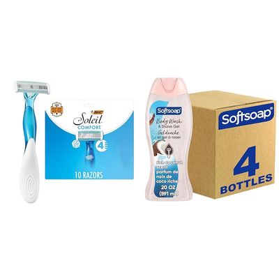 BIC Soleil Comfort Women's Disposable 4 Blade Razors, 10-Pack & Softsoap Body Wash & Gel Coconut, 20oz, pack of 4