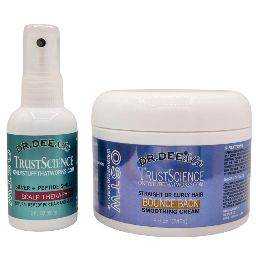 Dr. Dee Co. Reset Hair Care Duo, Scalp Therapy Spray with Silver + Peptides and Bounce Back Smoothing Cream for Curly Hair, 2 fl oz + 8 fl oz