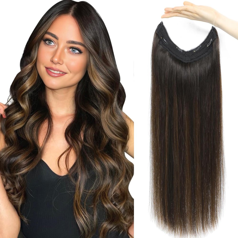 Halo Hair Extensions Real Human Hair 14inch/80g Invisible Wire Hair Extensions Real Human Hair That Hair Halo Extensions for Women Adjustable Wire Layered Fish Line Secret With Clips (#1BT4P1B