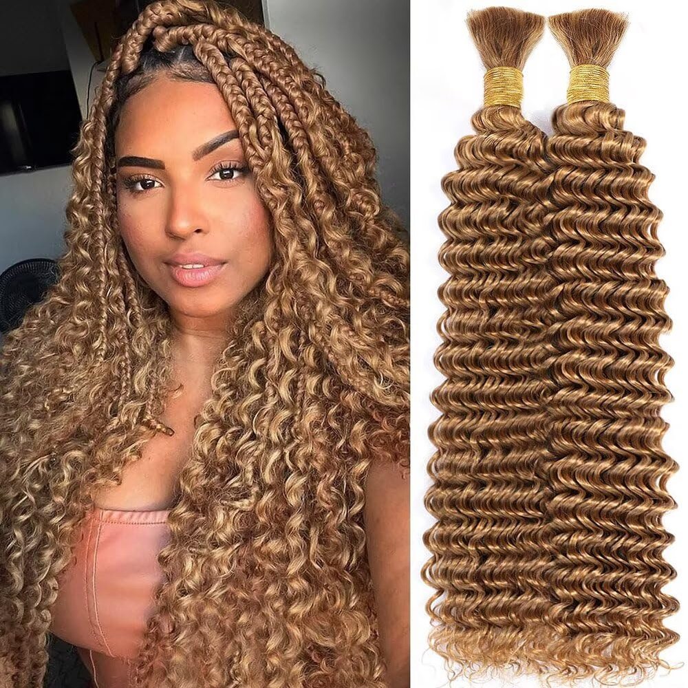 Human Braiding Hair for Boho Braids 100g Honey Blonde Curly Boho Hair for Braiding Knotless 12A Deep Wave Bulk Bohemian 2 Bundles/Pack Color 27 1.36 Inch