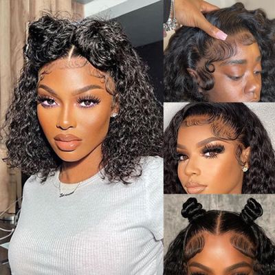 13x4 HD Lace Front Bob Wigs Human Hair Jerry Curly Pre Plucked Short Curly Bob Wig Human Hair Transparent Lace Frontal Bob Wigs for Black Women Natural Black 12 Inch