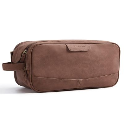 BAGSMART Toiletry Bag for Men, PU Leather Travel Bag for Toiletries, Dopp Kit Water Resistant Shaving Bag for Bathroom Shower-Light Brown