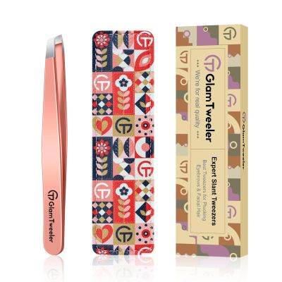 Expert Slant Tip Tweezers with Leather Case, GlamTweeler Sharp & Precision Stainless Steel Tweezer for Eyebrows, Facial Hair and Fine Hairs Removal (Rose Gold)