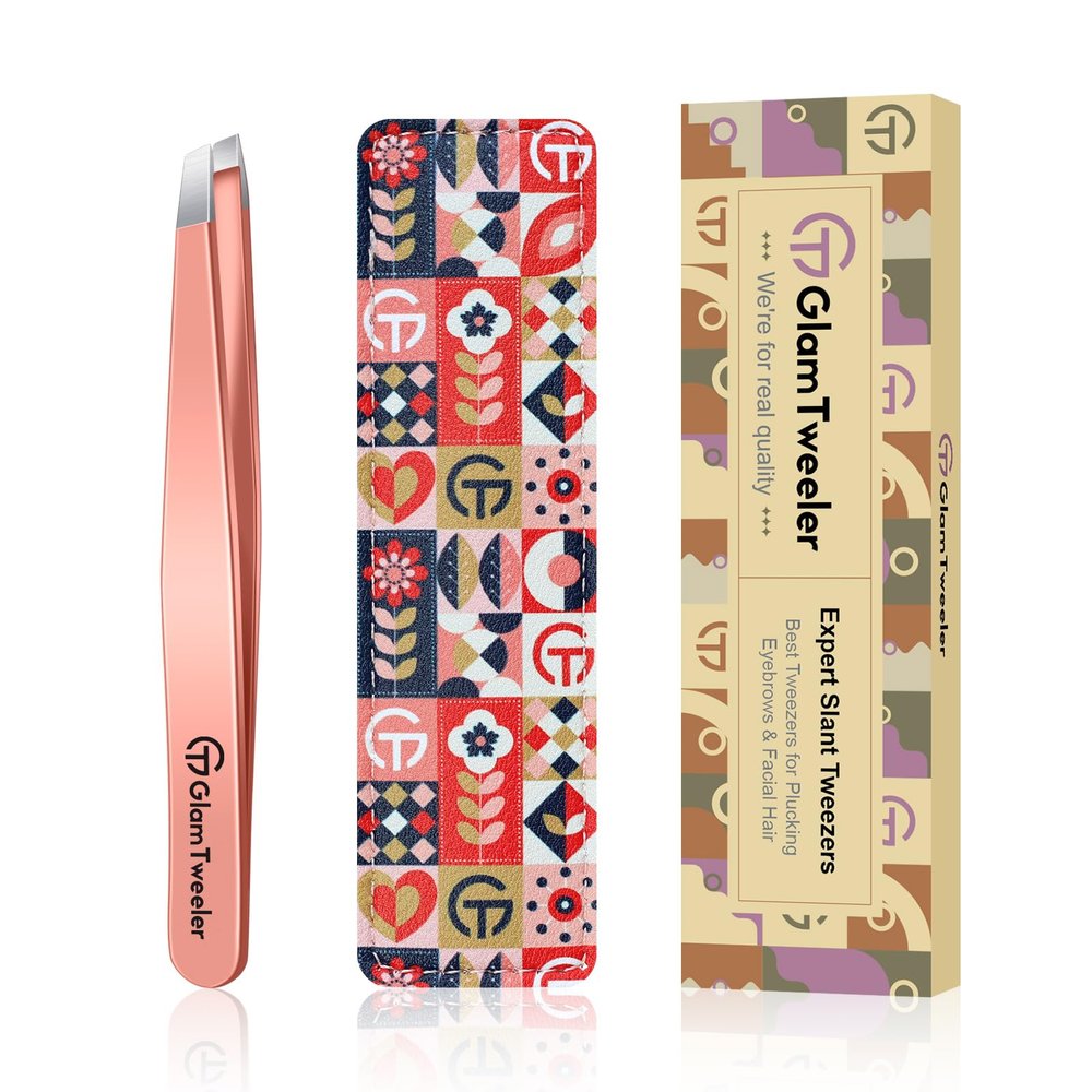 Expert Slant Tip Tweezers with Leather Case, GlamTweeler Sharp & Precision Stainless Steel Tweezer for Eyebrows, Facial Hair and Fine Hairs Removal (Rose Gold)