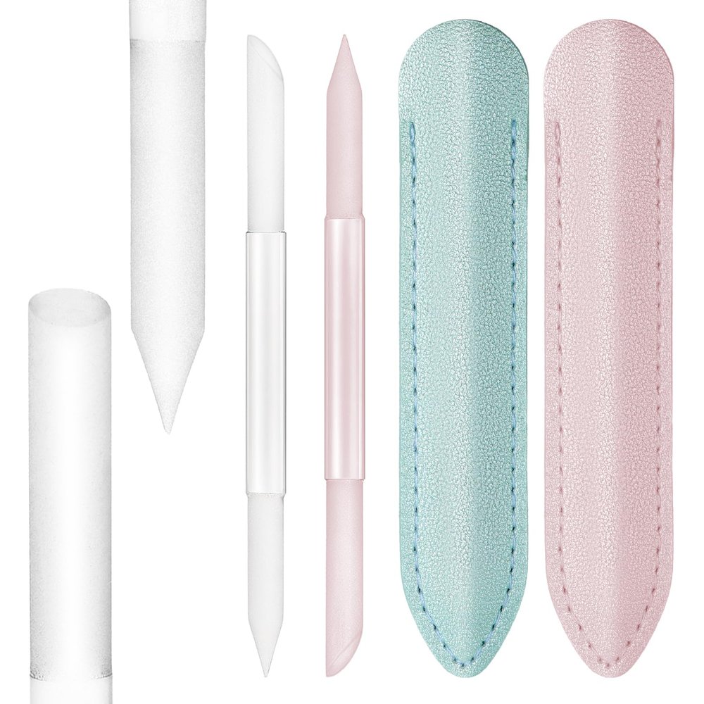 2Pcs Glass Cuticle Pusher with Leather Case, Dual Ended Cuticle Remover Tool Professional Manicure Stick Fingertip Precision Filing Cuticle Remover Tools for Nail Salons Home (Clear, Pink, Green)