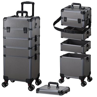 FRENESSA Rolling Makeup Train Case Cosmetology Case on Wheels 5 in 1 Makeup Case with Lid Rolling Large Make Up Organizer for Artist Barber Salon Nail Teach Kits Professional Cosmetic Box Grey
