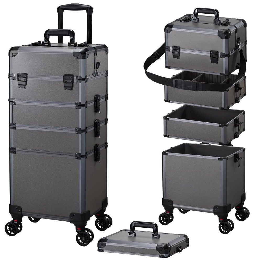 FRENESSA Rolling Makeup Train Case Cosmetology Case on Wheels 5 in 1 Makeup Case with Lid Rolling Large Make Up Organizer for Artist Barber Salon Nail Teach Kits Professional Cosmetic Box Grey