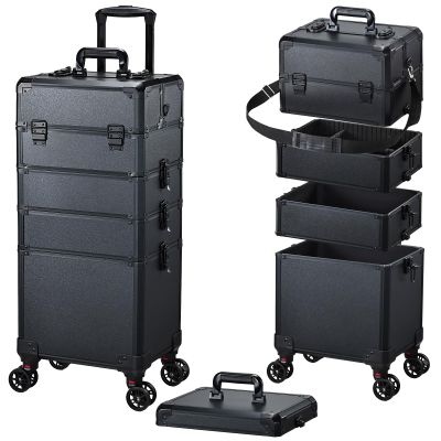 FRENESSA Rolling Makeup Case Makeup Train Case with Lid 5 in 1 Cosmetology Case on Wheels Large Makeup Organizers Salon Cart Barber Trolley Nail Teach Makeup Artist Trunk Cart Black