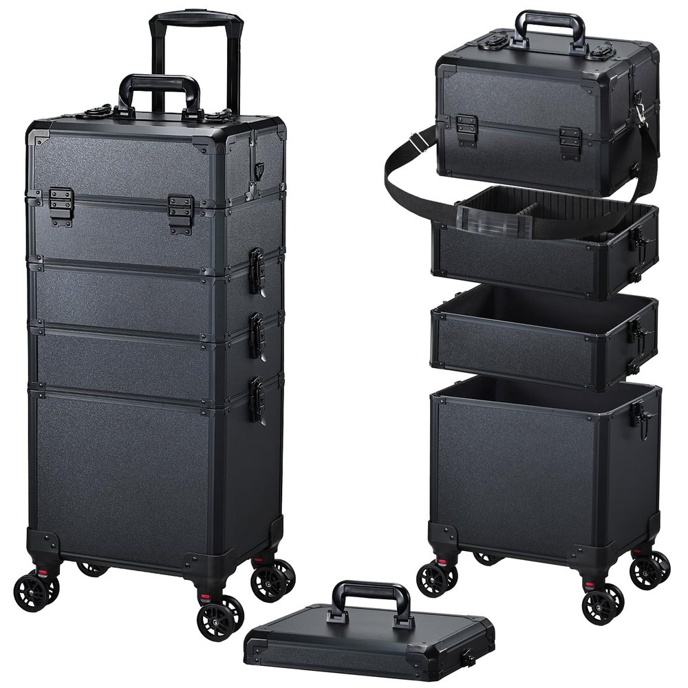 FRENESSA Rolling Makeup Case Makeup Train Case with Lid 5 in 1 Cosmetology Case on Wheels Large Makeup Organizers Salon Cart Barber Trolley Nail Teach Makeup Artist Trunk Cart Black