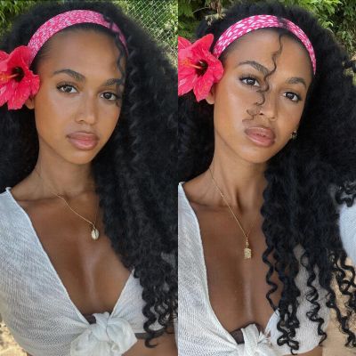 PREMPO Curly Headband Wig for Women, 20 Inch Wear and Go Glueless Wigs Deep Wave Wig Half Wig As Human Hair with 1 Headband, 180% Density Synthetic Wigs None Lace Front (Black)