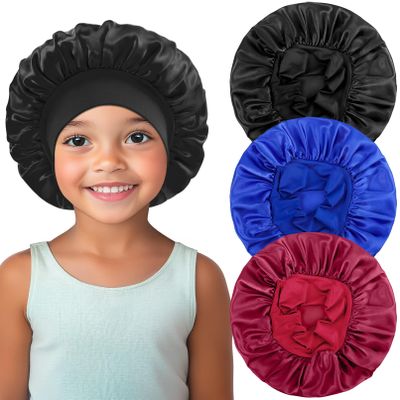 PIEMEET 3PCS Kids Bonnets for Girls, Satin Baby Bonnet for Sleeping, Soft Wide Band Silk Bonnet for Kid, Breathable Kids Satin Bonnets Child Sleeping Cap for Toddler Teens Natural Hair(Blue,Red,Black)