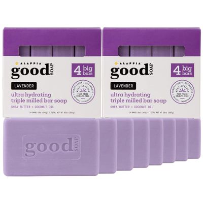 Alaffia Good Soap Lavender 2-Pack (8 Bars) Long-Lasting, Triple-Milled with Fair Trade Shea Butter