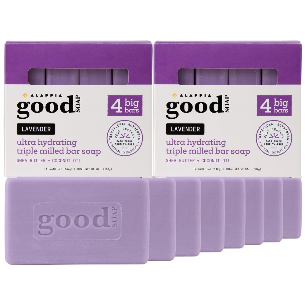 Alaffia Good Soap Lavender 2-Pack (8 Bars) Long-Lasting, Triple-Milled with Fair Trade Shea Butter