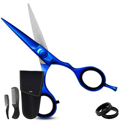 Ontaki Japanese Steel Beard & Hair Scissors - Safe Rounded Tips & Mustache Comb - Ergonomic Grip Beard Scissors for Men - Professional Craftsmanship Barber Shears - Midnight Blue, 5.5"
