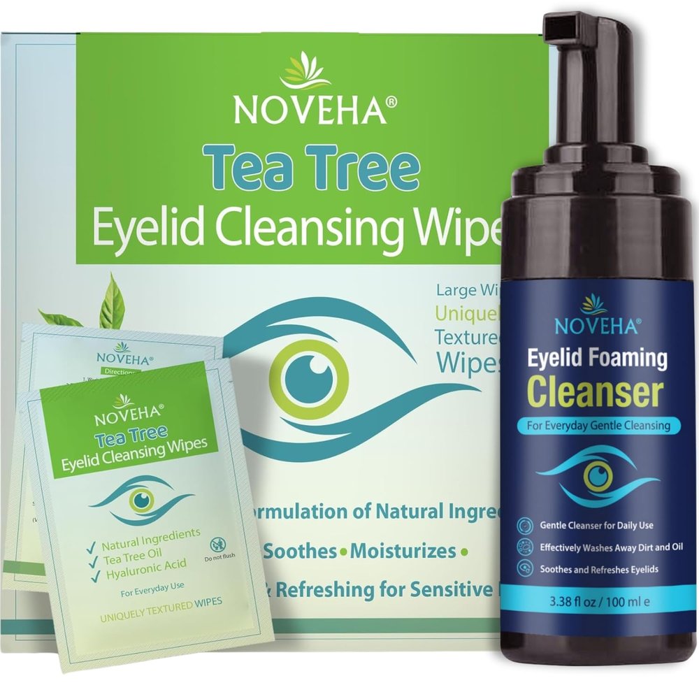 NOVEHA Makeup Cleansing Set  Tea Tree Oil Wipes (60pcs) + Foaming Eyelid Cleanser 3.4oz | Daily Eye Area Cleanser & Makeup Removal Duo