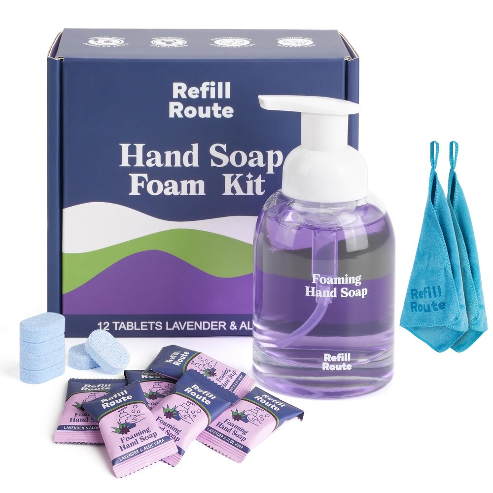 Foam Soap Refill with Dispenser Hand Wash Set, 12 Foaming Hand Soap Refills Tablets +1 Glass Foaming Dispenser +2 Microfiber Cloths, Make 96 fl oz - No Plastic, Cleansing & Moisturizing, Lavender