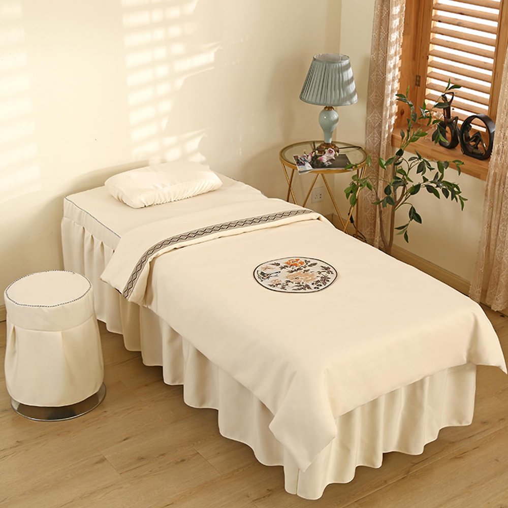 Beige,70x185cm/27.5x72.8in,Classic Massage Couch Cover,Beauty Massage Bed Cover Linen All-Round Wrap Massage Bed Sheets Reusable SPA Massage Flat Sheet Fitted Sheets 4Piece Set