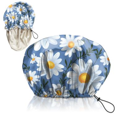 Zewurtuw Luxury Shower Cap Adjustable Reusable Double Waterproof Layer Elastic Satin Lined Hair Bath Cap Cute Aesthetic Women Girls (K19-Chrysanthemum)
