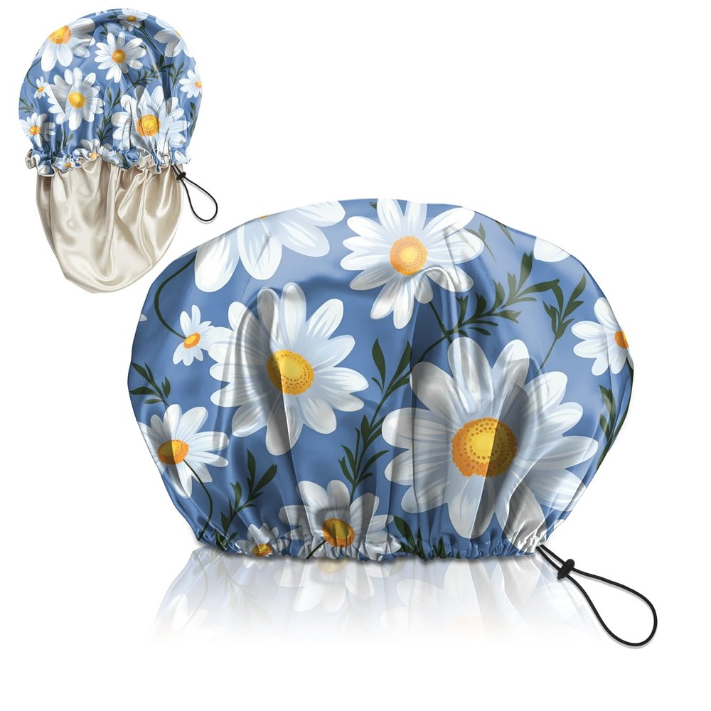 Zewurtuw Luxury Shower Cap Adjustable Reusable Double Waterproof Layer Elastic Satin Lined Hair Bath Cap Cute Aesthetic Women Girls (K19-Chrysanthemum)