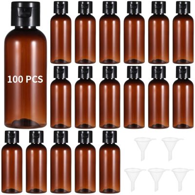 100 Pcs Refillable 60 Ml Travel Bottles with Flip Cap, Leak-Proof Brown Plastic Containers for Cosmetic Liquids, Includes Funnels for Easy Filling