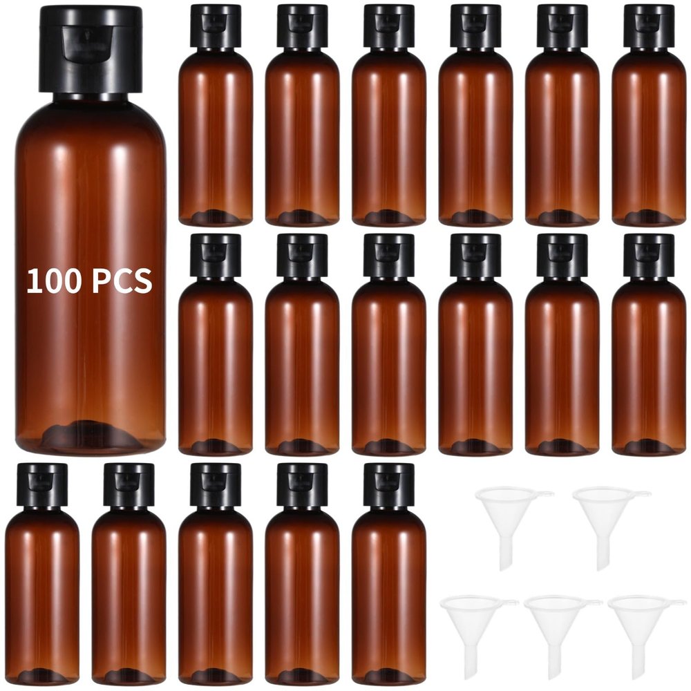 100 Pcs Refillable 60 Ml Travel Bottles with Flip Cap, Leak-Proof Brown Plastic Containers for Cosmetic Liquids, Includes Funnels for Easy Filling