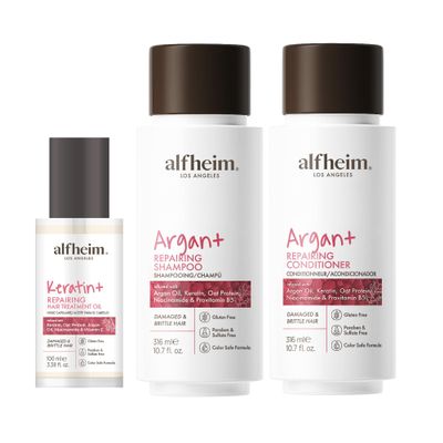 ALFHEIM Argan Repairing Shampoo, Conditioner & Oil 3-Pcs Set, Sulfate-Free & Paraben-Free, Argan Oil, Keratin & Niacinamide for Dry, Damaged, Color-Treated Hair, Hydrating, Strengthening & Anti-Frizz