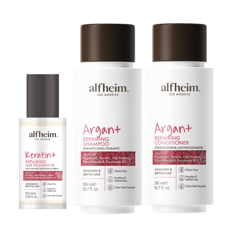 ALFHEIM Argan Repairing Shampoo, Conditioner & Oil 3-Pcs Set, Sulfate-Free & Paraben-Free, Argan Oil, Keratin & Niacinamide for Dry, Damaged, Color-Treated Hair, Hydrating, Strengthening & Anti-Frizz