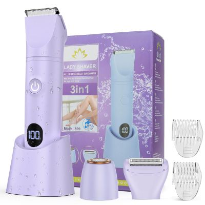 Bikini Trimmer for Women, 3 in 1 Electric Razors for Women, Waterproof Pubic Hair Trimmer and Facial Hair Remover, Rechargeable Electric Shaver for Underarm Leg Arm Body with LED Display